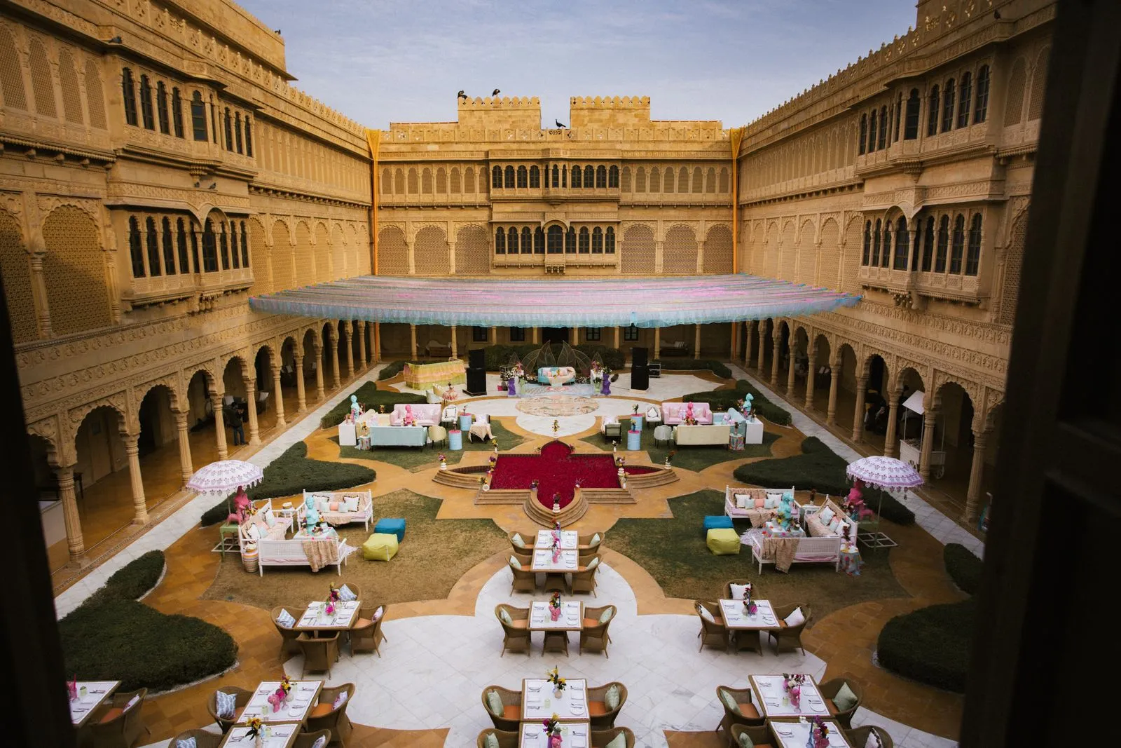 A grand Indian wedding mandap at golden hour